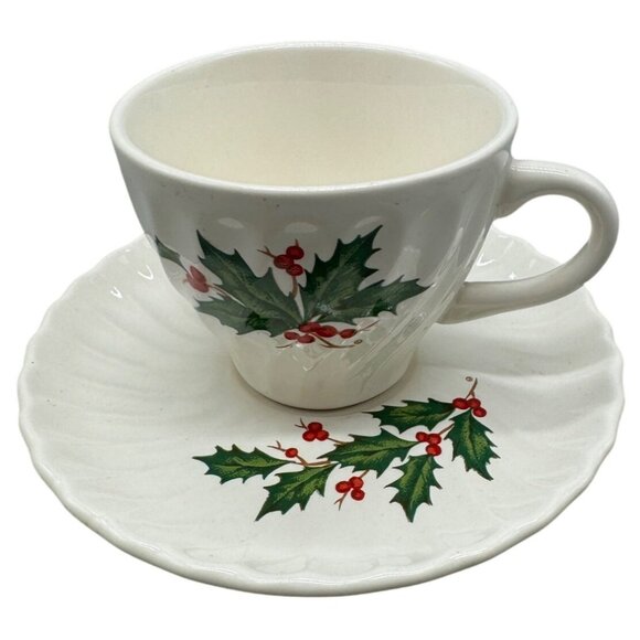 Christmas Holly Ceramic Teacup & Saucer Set Used READ - Picture 1 of 7
